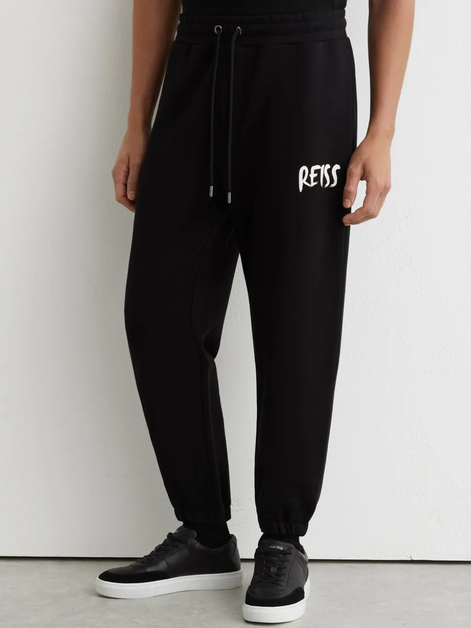 Reiss Black Edison Cotton Logo-Print Cuffed Joggers