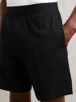 Reiss Black Fleet Cotton Jersey Logo-Waistband Shorts with Stretch