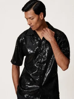 Reiss Black King Sequin Cuban-Collar Shirt
