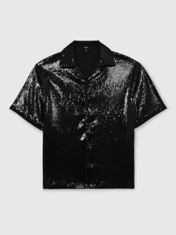 Reiss Black King Sequin Cuban-Collar Shirt