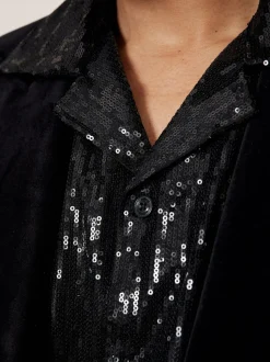 Reiss Black King Sequin Cuban-Collar Shirt