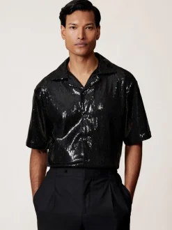 Reiss Black King Sequin Cuban-Collar Shirt