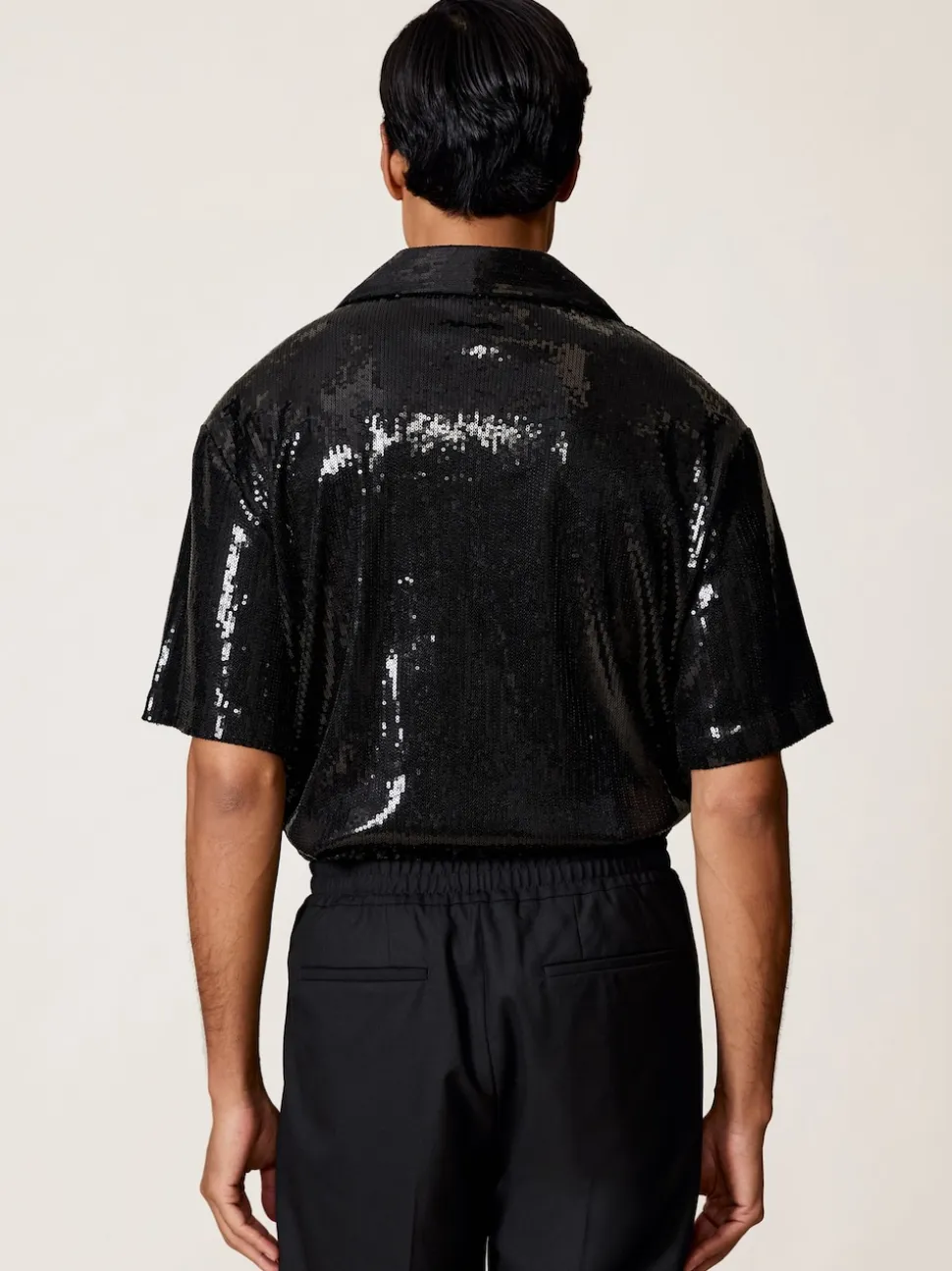 Reiss Black King Sequin Cuban-Collar Shirt
