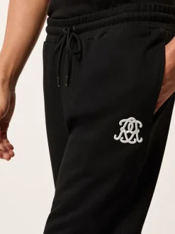 Reiss Black Mellor Monogram Cotton Wide-Leg Joggers