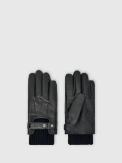 Reiss Black Sanford Leather Ribbed-Cuff Gloves