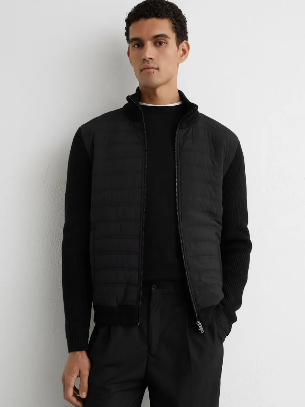 Reiss Black Townsend Quilted Rib-Knit Funnel-Neck Jacket