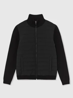 Reiss Black Townsend Quilted Rib-Knit Funnel-Neck Jacket
