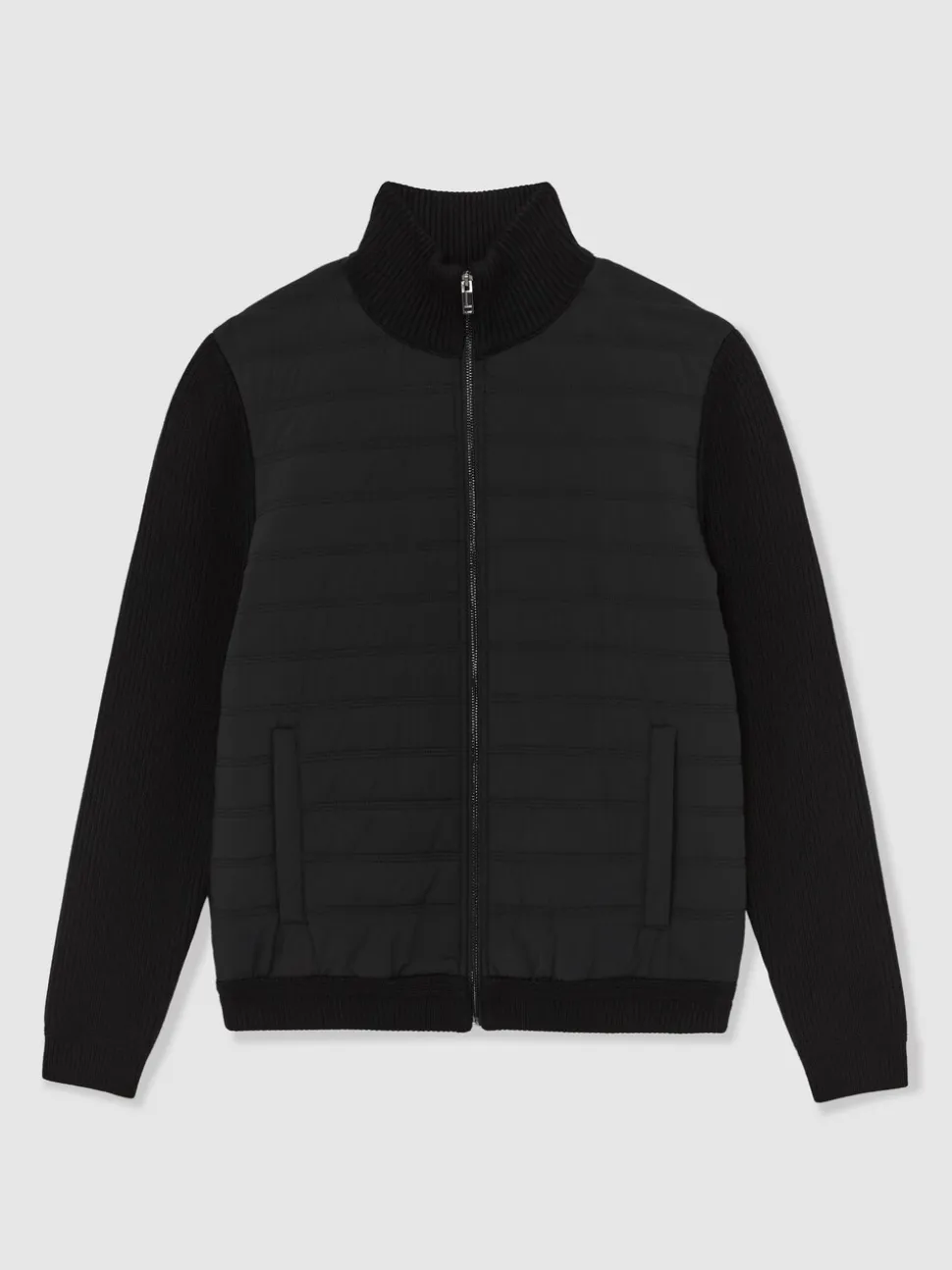Reiss Black Townsend Quilted Rib-Knit Funnel-Neck Jacket