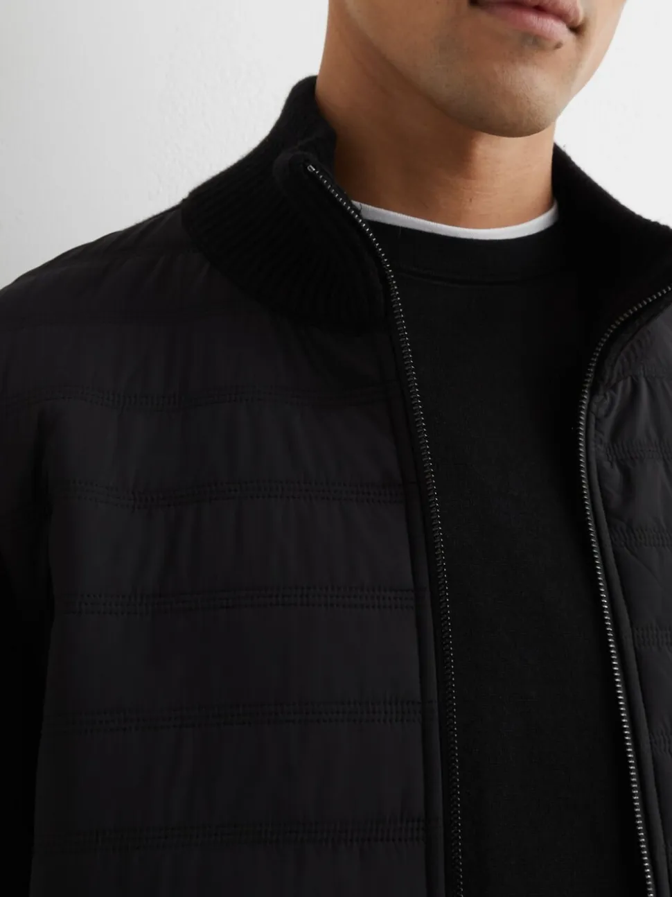 Reiss Black Townsend Quilted Rib-Knit Funnel-Neck Jacket