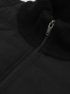 Reiss Black Townsend Quilted Rib-Knit Funnel-Neck Jacket