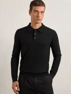 Reiss Black Trafford Merino Wool Long-Sleeve Polo Shirt