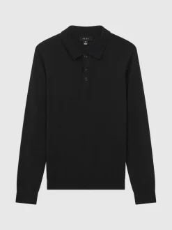 Reiss Black Trafford Merino Wool Long-Sleeve Polo Shirt