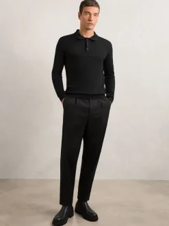 Reiss Black Trafford Merino Wool Long-Sleeve Polo Shirt