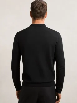 Reiss Black Trafford Merino Wool Long-Sleeve Polo Shirt
