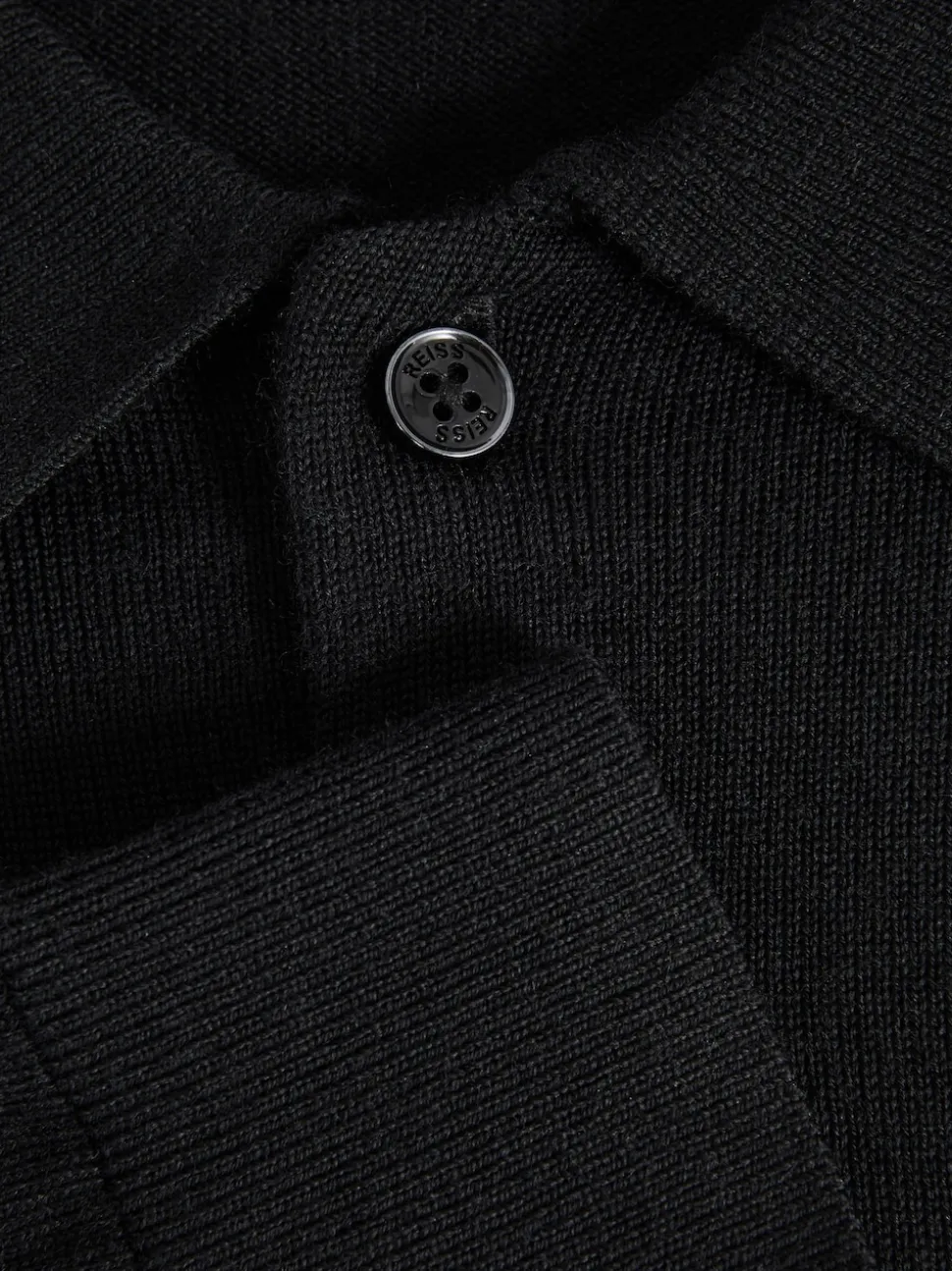 Reiss Black Trafford Merino Wool Long-Sleeve Polo Shirt