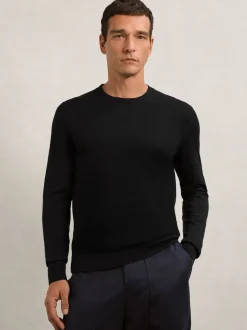 Reiss Black Wessex Merino Wool Crew Neck Jumper