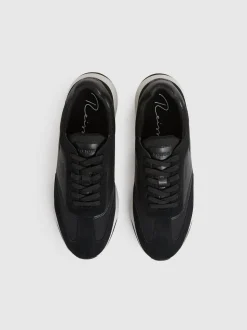Reiss Black/White Emmett Bonded-Leather Suede Running Trainers