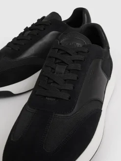 Reiss Black/White Emmett Bonded-Leather Suede Running Trainers