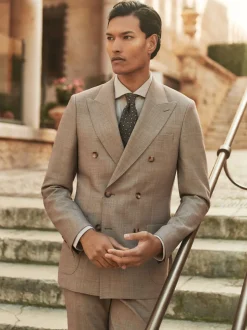 Reiss Brown Belmont Db Double-Breasted Textured Suit Blazer With Wool Slim-Fit