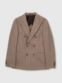 Reiss Brown Belmont Db Double-Breasted Textured Suit Blazer With Wool Slim-Fit