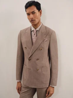 Reiss Brown Belmont Db Double-Breasted Textured Suit Blazer With Wool Slim-Fit