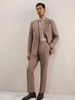 Reiss Brown Belmont Db Double-Breasted Textured Suit Blazer With Wool Slim-Fit
