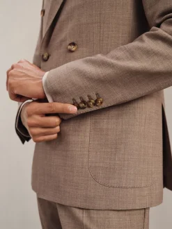 Reiss Brown Belmont Db Double-Breasted Textured Suit Blazer With Wool Slim-Fit