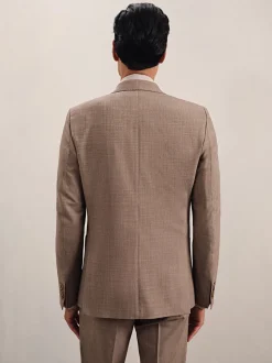 Reiss Brown Belmont Db Double-Breasted Textured Suit Blazer With Wool Slim-Fit