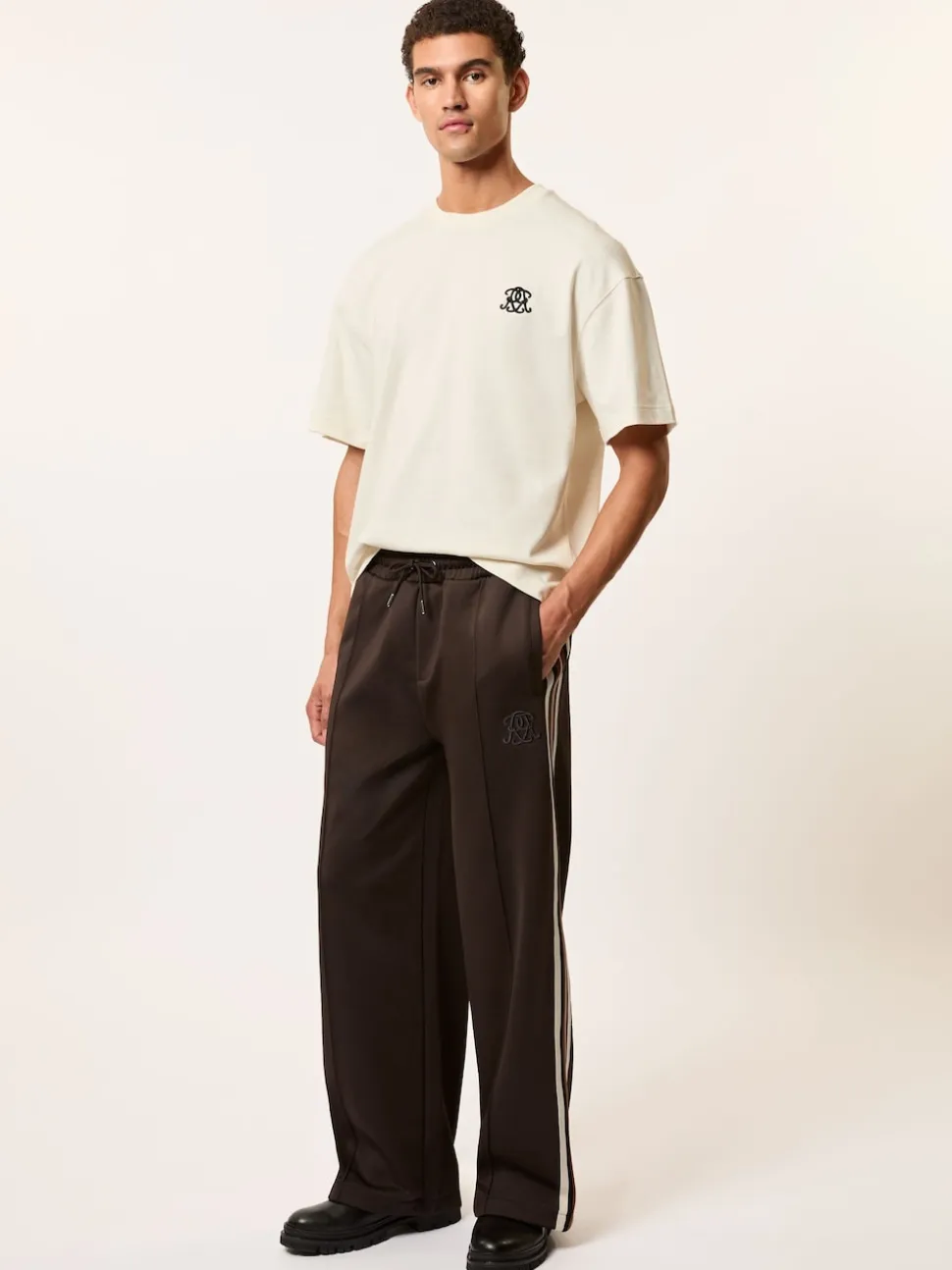 Reiss Brown Foster Monogram Cotton Wide-Leg Joggers