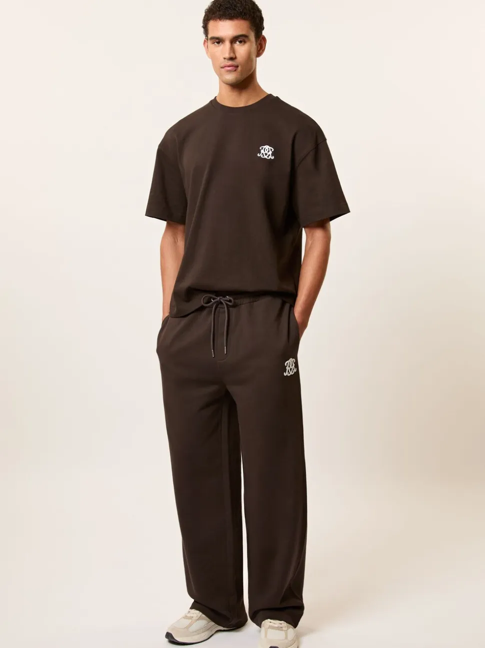 Reiss Brown Mellor Monogram Cotton Wide-Leg Joggers