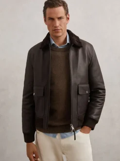 Reiss Brown Shaker Leather Shearling-Collar Bomber Jacket