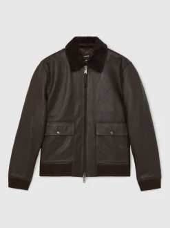 Reiss Brown Shaker Leather Shearling-Collar Bomber Jacket