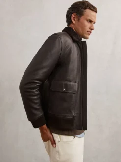 Reiss Brown Shaker Leather Shearling-Collar Bomber Jacket