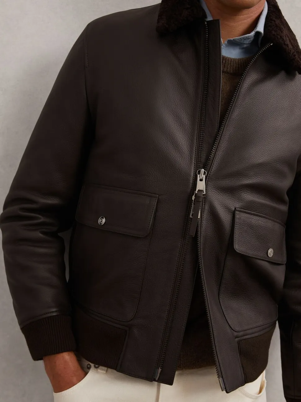 Reiss Brown Shaker Leather Shearling-Collar Bomber Jacket