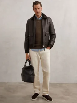 Reiss Brown Shaker Leather Shearling-Collar Bomber Jacket