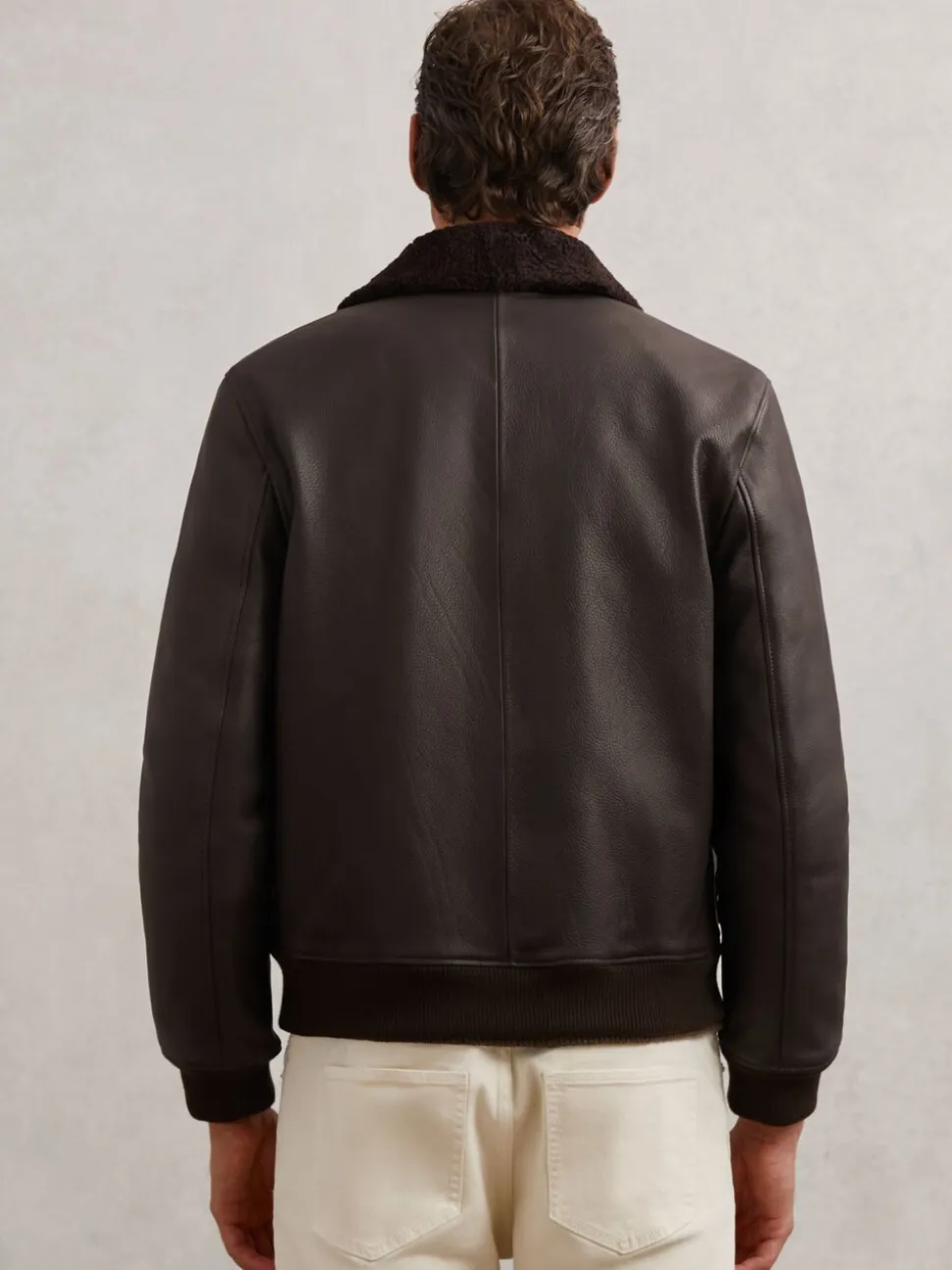 Reiss Brown Shaker Leather Shearling-Collar Bomber Jacket