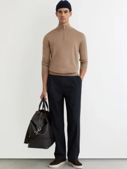 Reiss Camel Brown Blackhall Merino Wool Half-Zip Funnel Neck Jumper