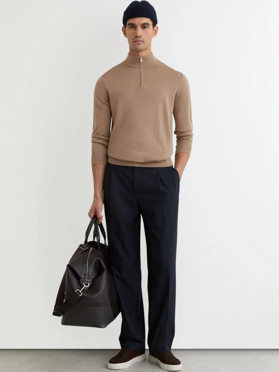 Reiss Camel Brown Blackhall Merino Wool Half-Zip Funnel Neck Jumper