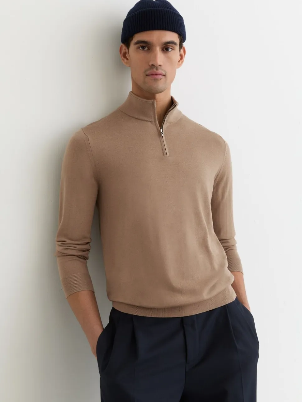 Reiss Camel Brown Blackhall Merino Wool Half-Zip Funnel Neck Jumper