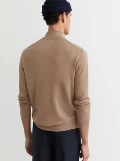 Reiss Camel Brown Blackhall Merino Wool Half-Zip Funnel Neck Jumper