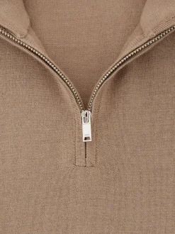 Reiss Camel Brown Blackhall Merino Wool Half-Zip Funnel Neck Jumper