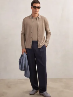 Reiss Camel Brown Forbes Merino Wool Button-Through Cardigan