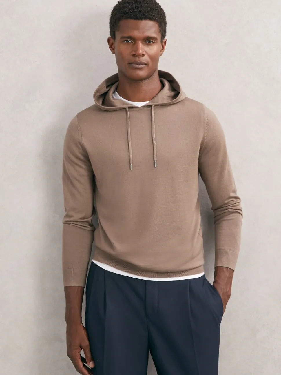 Reiss Camel Brown Holland Merino Wool Drawstring Hoodie