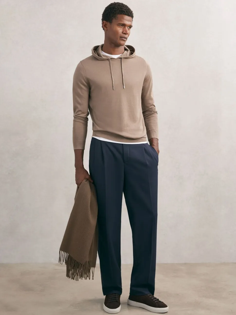 Reiss Camel Brown Holland Merino Wool Drawstring Hoodie