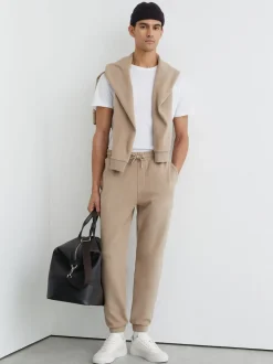 Reiss Camel Brown Remo Cotton-Blend Brushed Ribbed Joggers