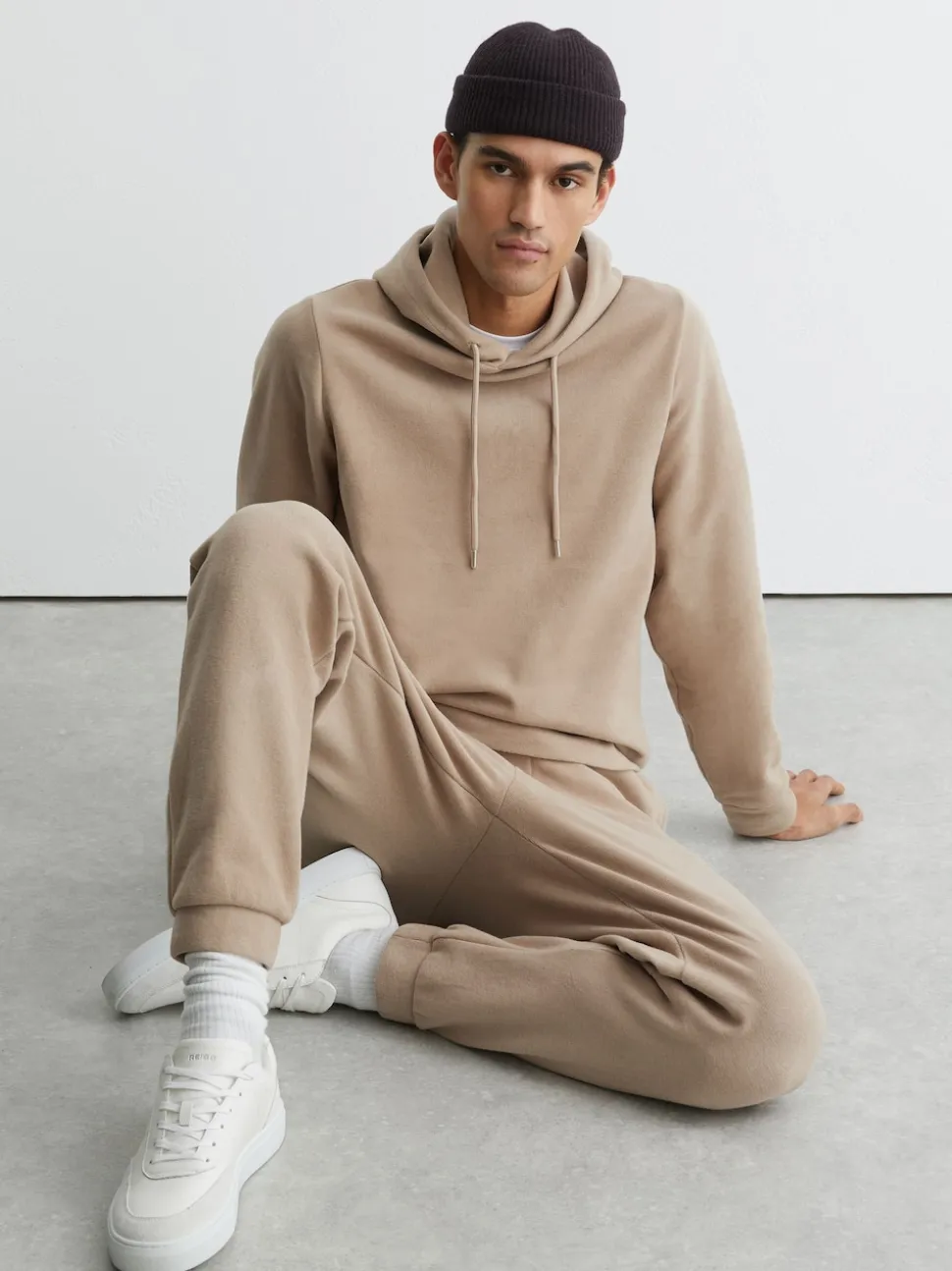 Reiss Camel Brown Remo Cotton-Blend Brushed Ribbed Joggers
