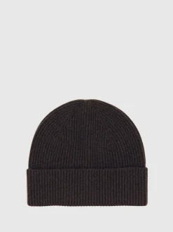Reiss Chocolate Brown Chaise Merino Wool Rib-Knit Beanie