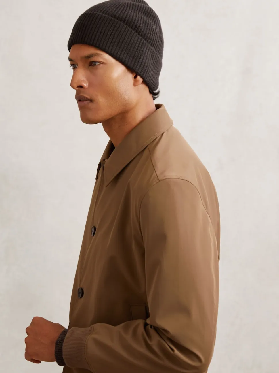 Reiss Chocolate Brown Chaise Merino Wool Rib-Knit Beanie
