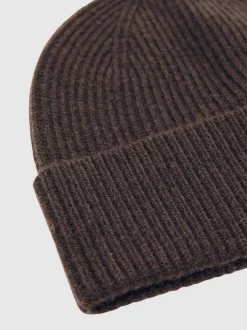 Reiss Chocolate Brown Chaise Merino Wool Rib-Knit Beanie