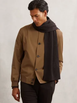 Reiss Chocolate Brown Chesterfield Merino Wool Rib-Knit Scarf